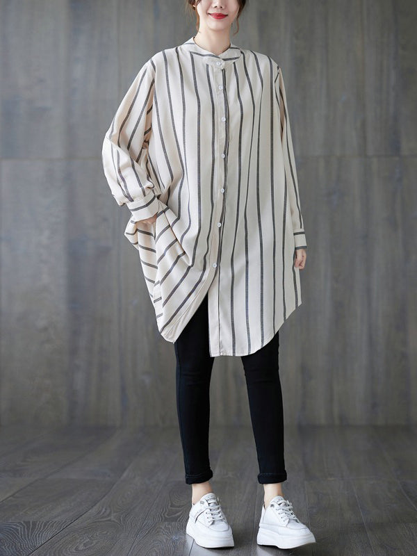 Buttoned Striped Long Sleeves Loose Blouses&Shirts Tops