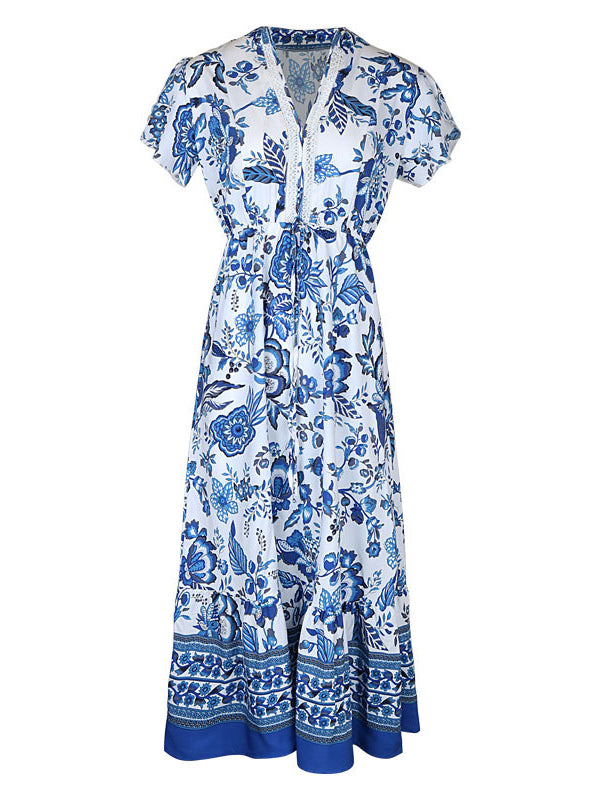 Floral Printed Pleated Split-Joint Tied Waist Loose Short Sleeves V-Neck Shirt Dress Midi Dresses
