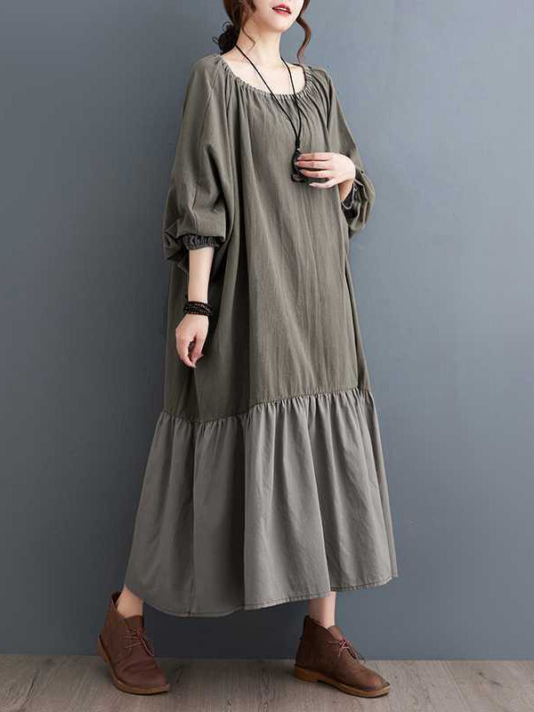 Elasticity Pleated Split-Joint A-line Loose Round-neck Midi Dresses