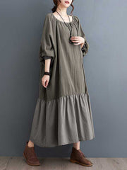 Elasticity Pleated Split-Joint A-line Loose Round-neck Midi Dresses