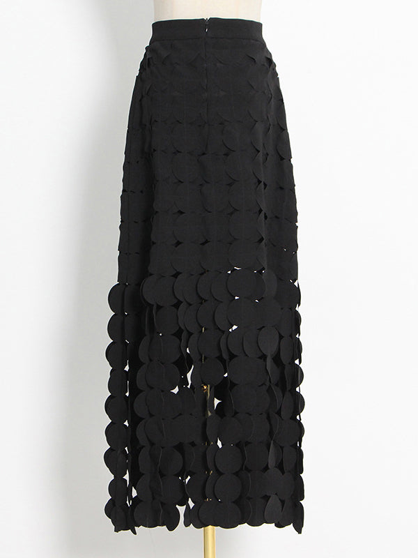 Hollow Polka-Dot Solid Color Tasseled High Waisted Loose Skirts Bottoms