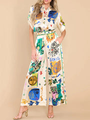 Animal Printed Buttoned Figure Half Sleeves Loose Lapel Blouses&Shirts Tops