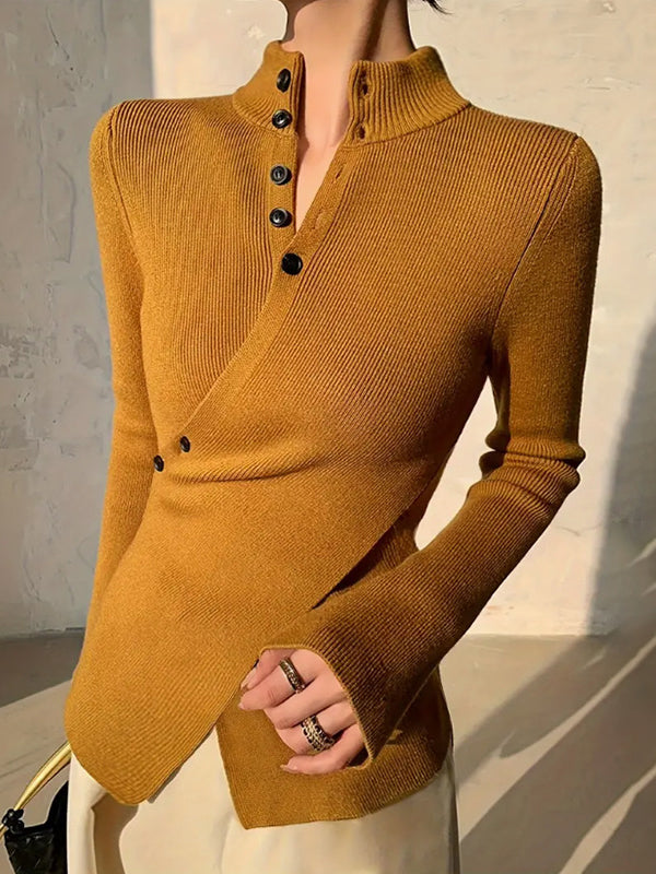 Asymmetric Split-front Split-Joint Long Sleeves V-neck Sweater Tops