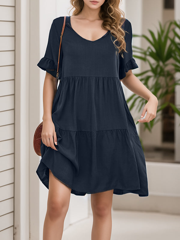 Pleated Pockets Ruffled Solid Color Split-Joint A-Line Flared Sleeves Round-Neck Mini Dresses