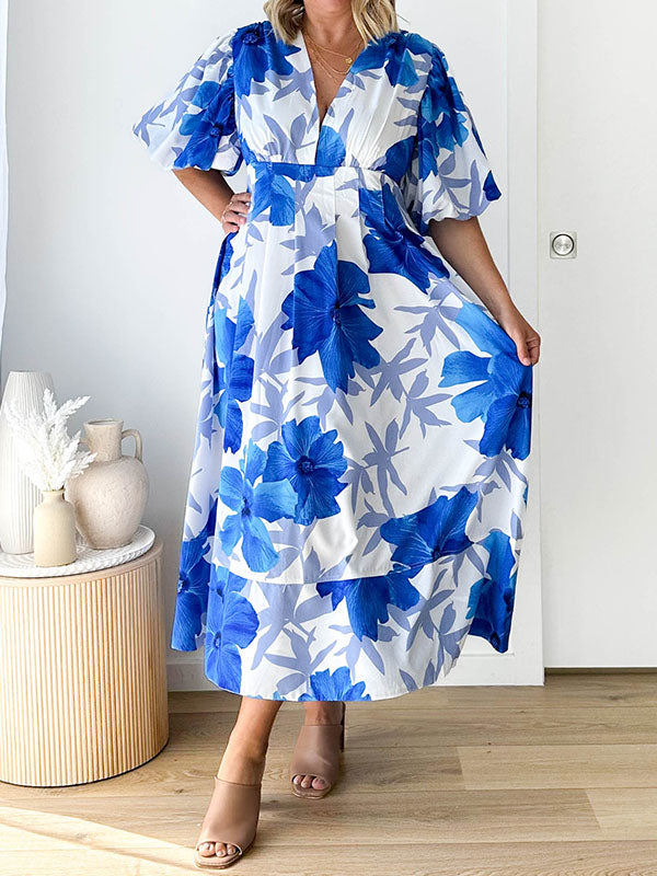 Flower Print Pleated Split-Joint Zipper A-line High Waisted V-neck Midi Dresses