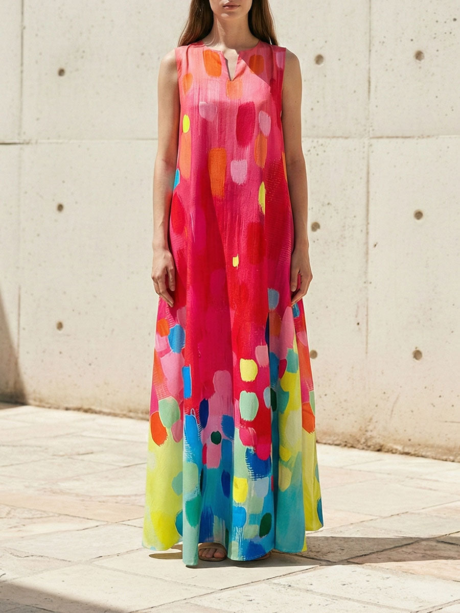 Loose Sleeveless Contrast Color Printed V-Neck Maxi Dresses