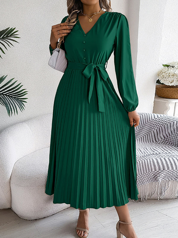 Belted Buttoned Pleated Solid Color High Waisted Long Sleeves V-Neck Maxi Dresses