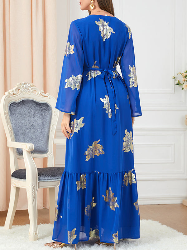 Pleated Printed Split-Front Split-Joint Tied Waist Long Sleeves Loose V-Neck Maxi Dresses