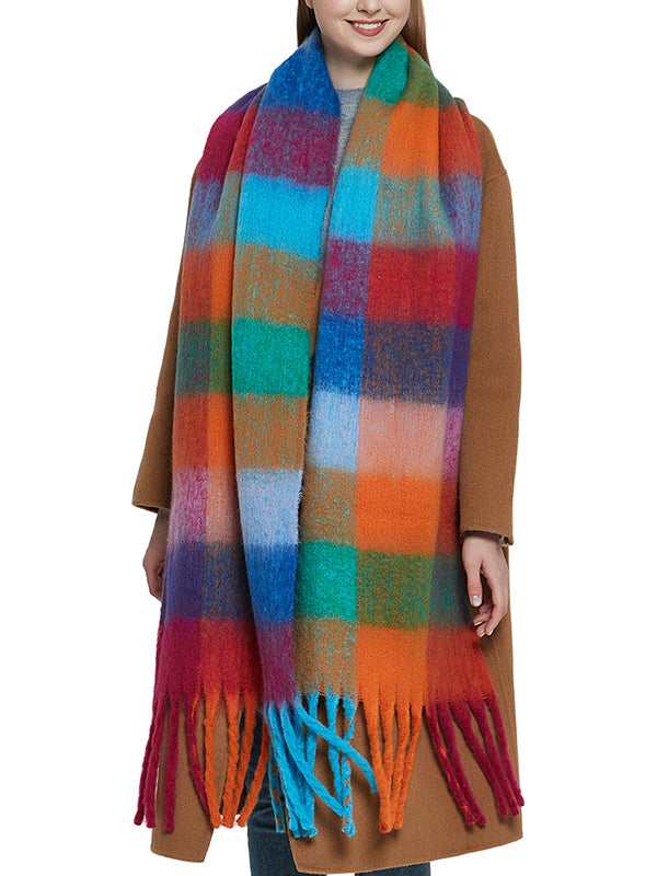 Keep Warm Multi-Colored Plaid Tasseled Thick Shawl&Scarf