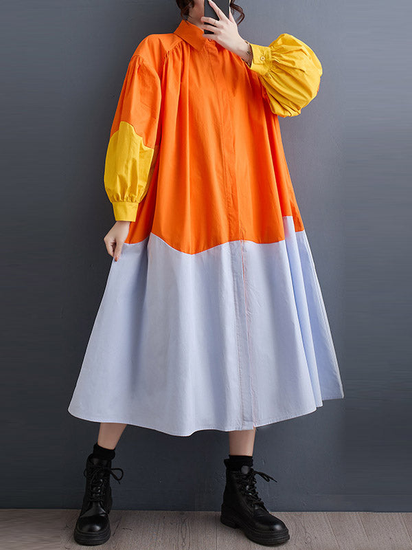 Contrast Color Pleated Split-Joint Loose Puff Sleeves Lapel Shirt Dress Midi Dresses