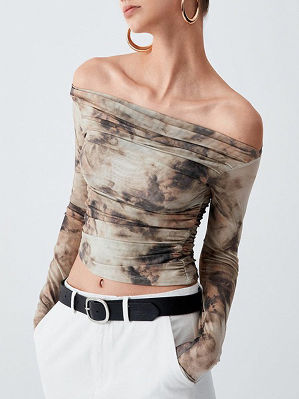 Pleated Split-Joint Tie Dye Long Sleeves Skinny Off-the-shoulder T-Shirts Tops