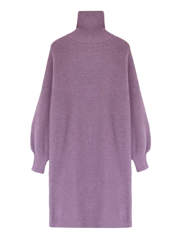 Urban Loose Puff Sleeves Solid Color High-Neck Sweater Dresses