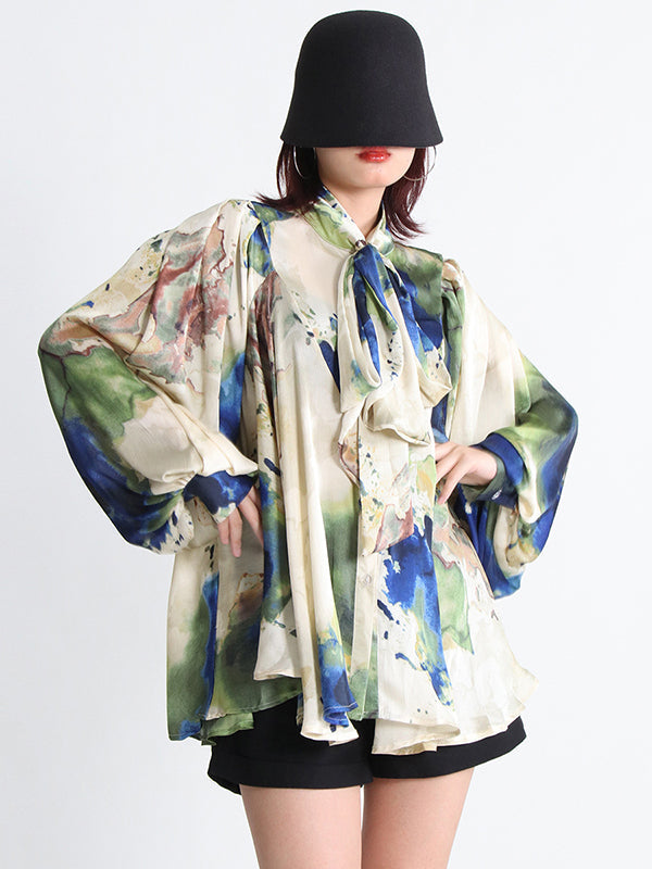 Loose Printed Puff Sleeves Pleated Stand Collar Blouses
