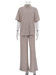 Plaid Printed Half Sleeves Loose Lapel Shirts&Pants Two Pieces Set