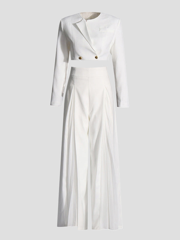 Round-Neck Long Sleeves Buttoned Solid Color Split-Joint Blazers Top +Zipper  Wide Leg Mesh Pleated Pants bottom Two Pieces Set