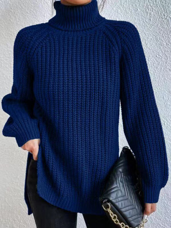 Solid Color Split-side Long Sleeves Loose High Neck Sweater Tops Pullovers