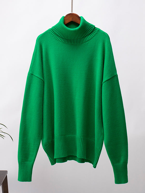 Solid Color Split-Joint High-Low Long Sleeves High Neck Sweater Tops