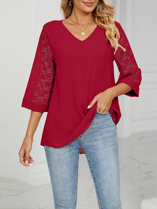 Mesh Solid Color Split-Joint Loose Three-Quarter Sleeves Round-Neck T-Shirts Tops