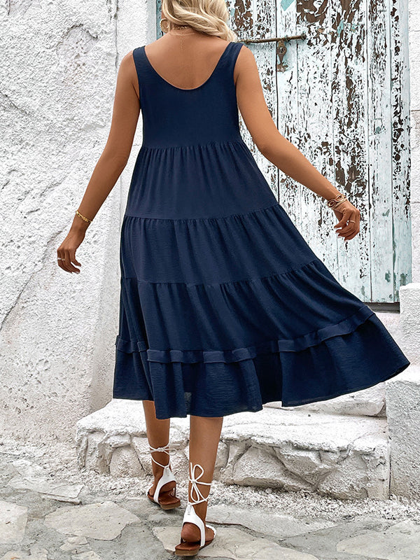 Buttoned Solid Color Tiered Loose Sleeveless Round-neck Midi Dresses