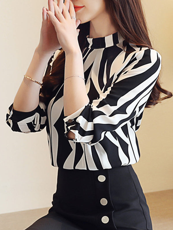 Contrast Color Printed Long Sleeves Loose Mock Neck Blouses&shirts Tops