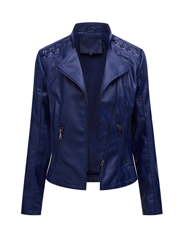 Split-Joint Zipper Long Sleeves Mock Neck Outerwear PU Jackets