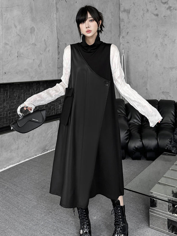 Asymmetric Buttoned Solid Color Split-Joint Irregularity Loose High Neck Midi Dresses
