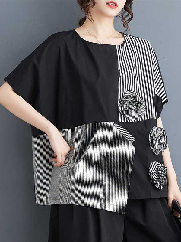 Asymmetric Split-Front Split-Joint Striped Three-Dimensional Flower Loose Short Sleeves Round-Neck T-Shirts Tops