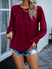 Pleated Solid Color Split-Joint Loose Puff Sleeves Stand Collar Blouses