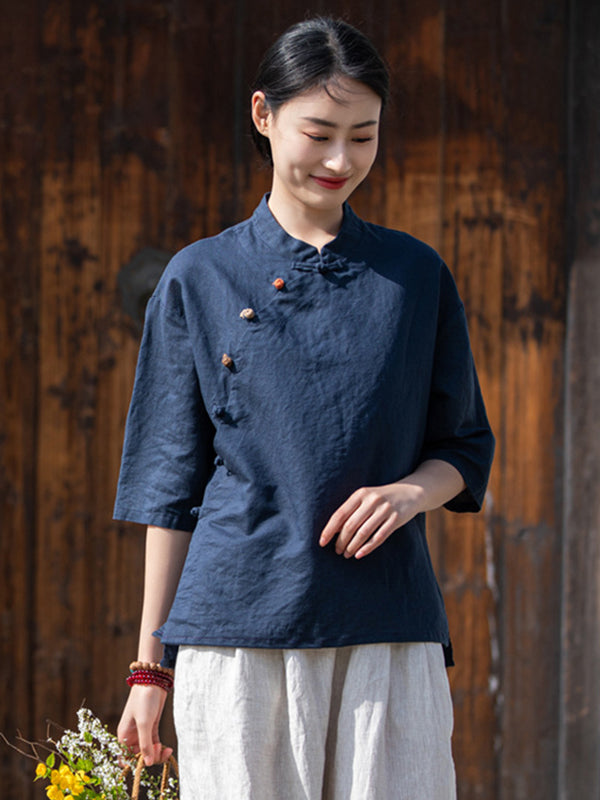 Artistic Retro Loose Half Sleeves Buttoned Contrast Color Stand Collar Blouses&Shirts Tops