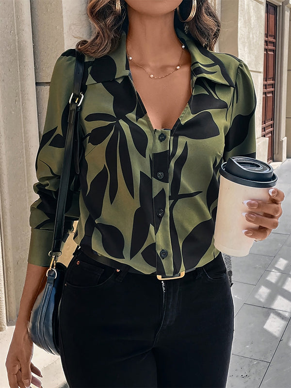 Buttoned Printed Long Sleeves Loose V-Neck Blouses&Shirts Tops