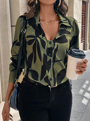 Buttoned Printed Long Sleeves Loose V-Neck Blouses&Shirts Tops