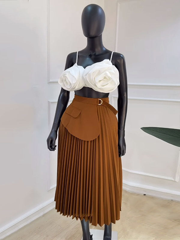 Asymmetric Pleated Solid Color Split-Joint A-Line High Waisted Skirts Bottoms