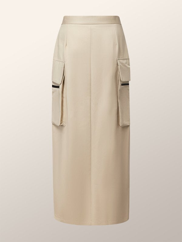 Pleated Pockets Solid Color Split-Front Split-Joint Zipper High Waisted Loose Skirts Bottoms