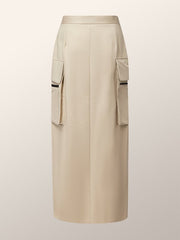 Pleated Pockets Solid Color Split-Front Split-Joint Zipper High Waisted Loose Skirts Bottoms