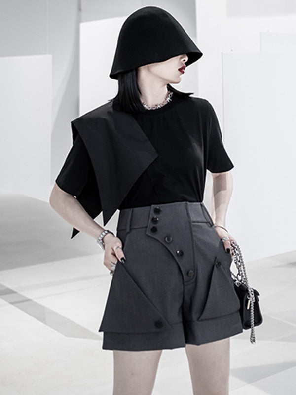 Urban Asymmetric Split-Front Solid Color Short Sleeves T-Shirt Top