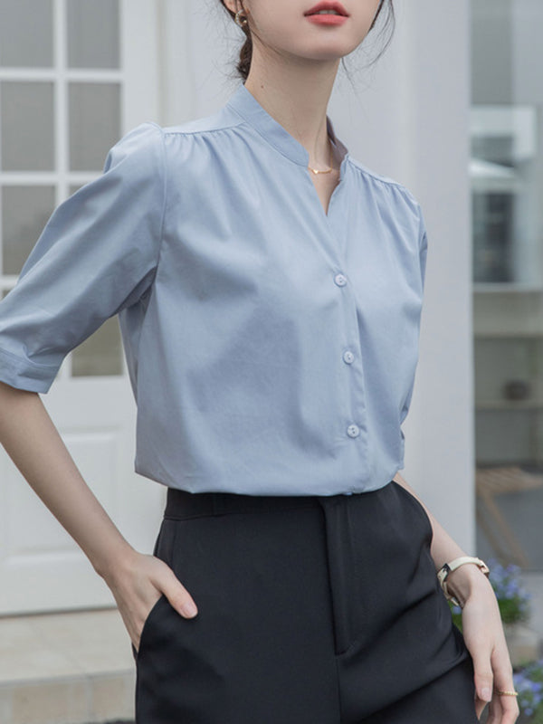 Buttoned Pleated Solid Color Split-Joint Half Sleeves Loose Stand Collar Blouses&Shirts Tops