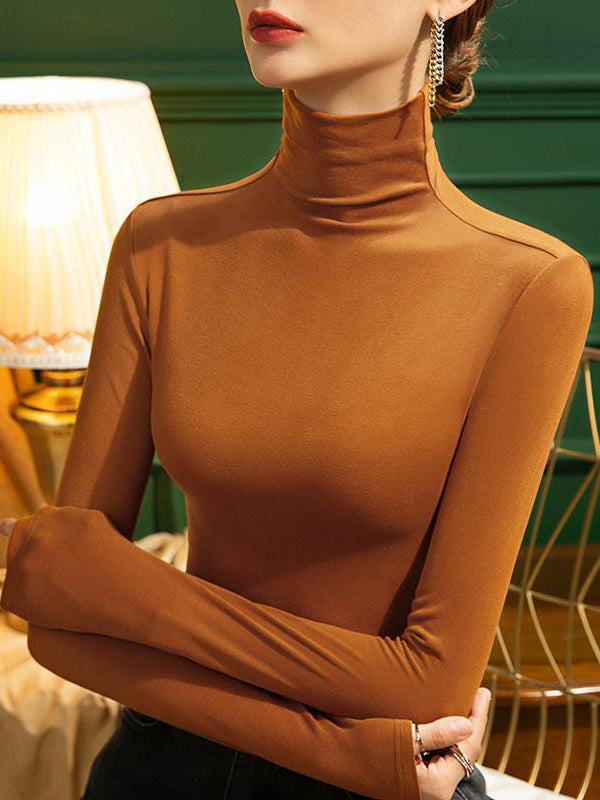 Solid Color Split-Joint Long Sleeves Plus Size High Neck T-Shirts Tops