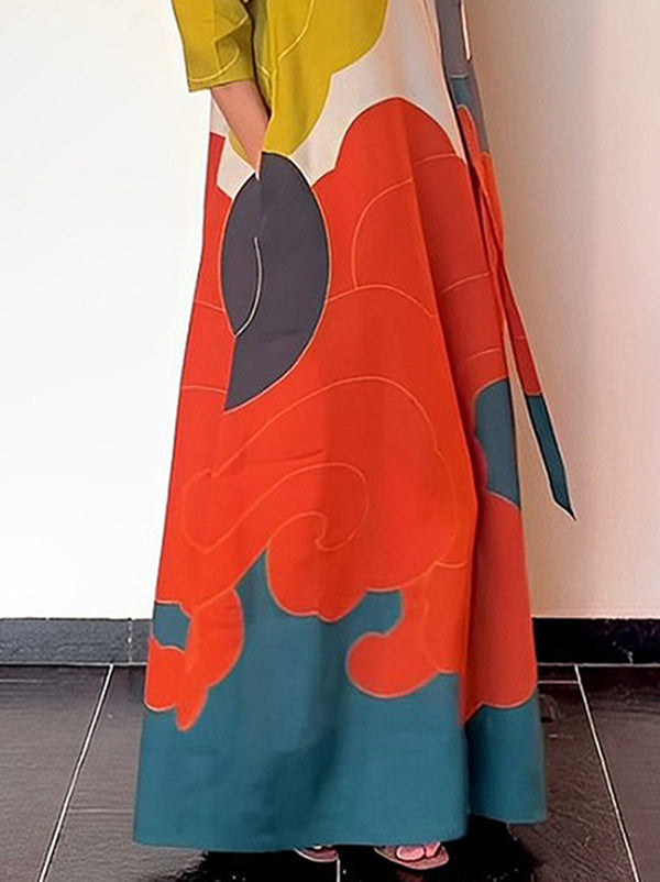 Printed Split-Joint Long Sleeves Loose Round-Neck Maxi Dresses