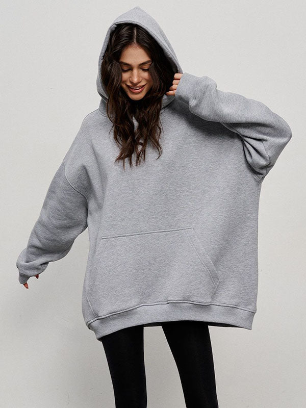 Pockets Solid Color Velvet Long Sleeves Loose Hooded Hoodies Tops