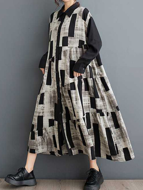 Buttoned Printed Split-Joint A-Line Long Sleeves Lapel Shirt Dress Midi Dresses
