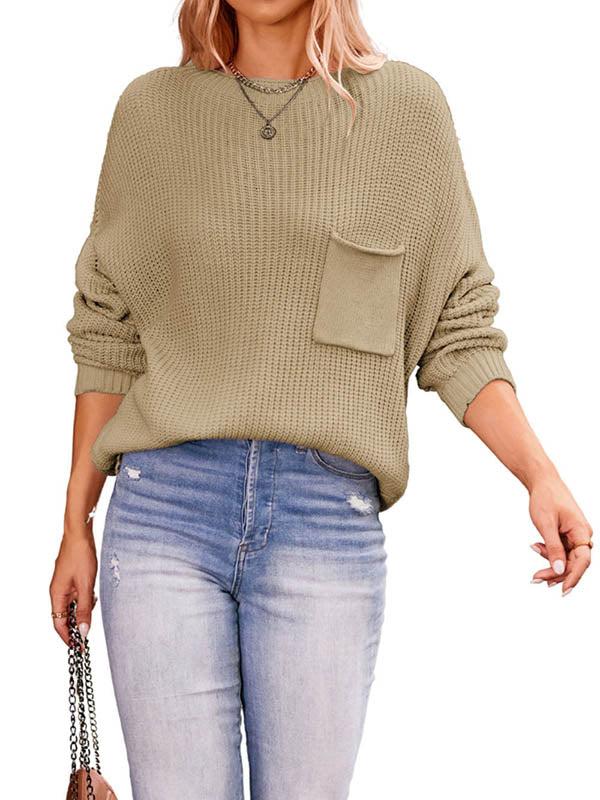 Pockets Solid Color Long Sleeves Loose Round-Neck Sweater Tops Pullovers