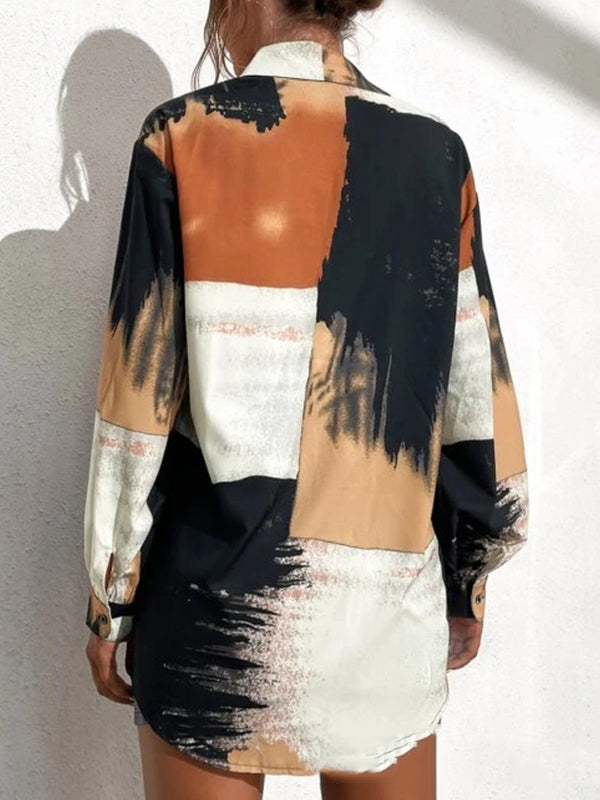 Asymmetric Printed Split-Joint Long Sleeves Loose Lapel Blouses&Shirts Tops