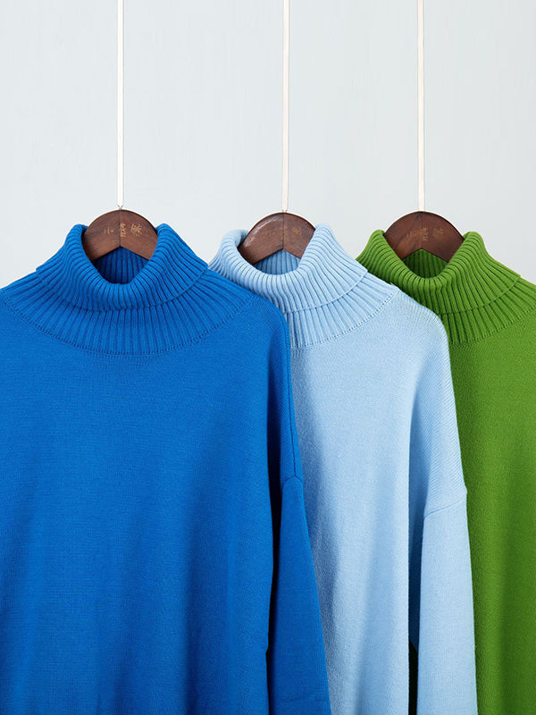 Solid Color Split-Joint High-Low Long Sleeves High Neck Sweater Tops
