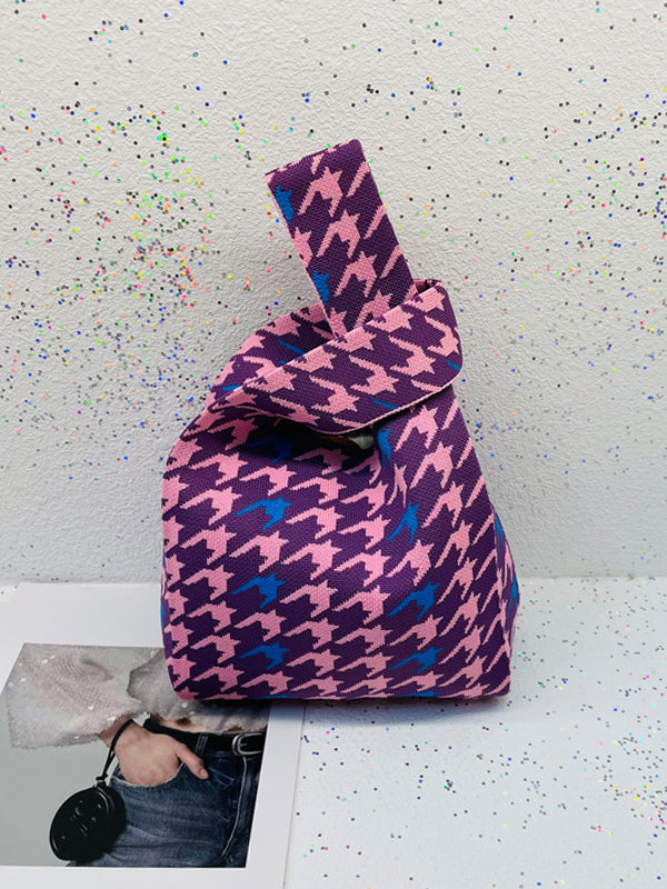 Contrast Color Houndstooth Cute Woven Handbag Bags