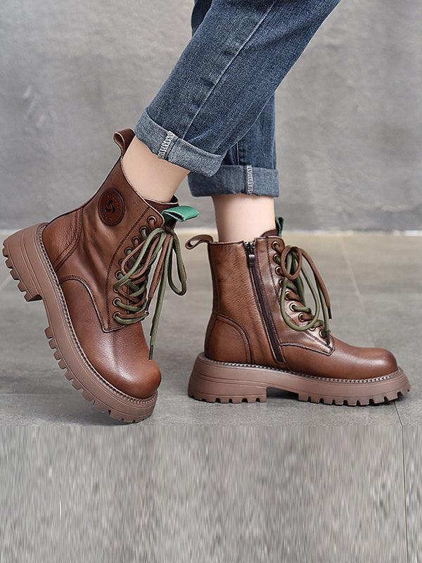 Muffin Heel Round-Toe Tied Zipper Boots