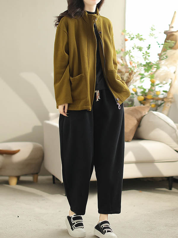 Buttoned Keep Warm Pockets Split-Joint Velvet Zipper Long Sleeves Loose Stand Collar Outerwear
