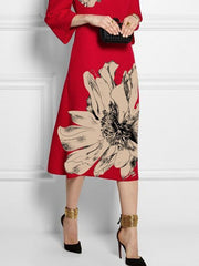 Contrast Color Flower Print Loose Three-Quarter Sleeves Round-Neck Midi Dresses