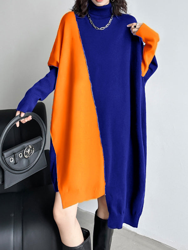 Asymmetric Contrast Color Split-Joint Batwing Sleeves Long Sleeves High Neck Sweater Dresses Midi Dresses