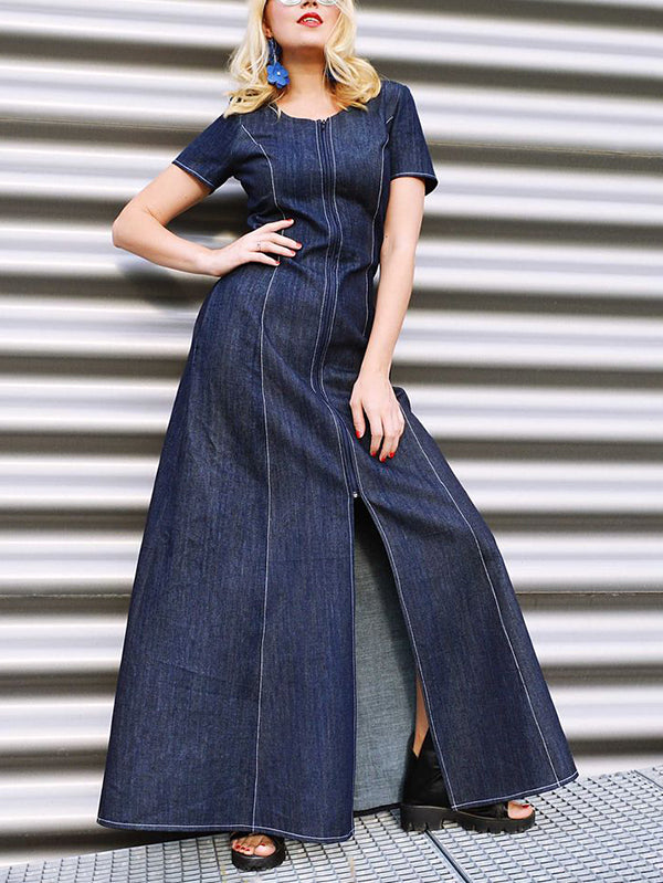 Pockets Split-front Split-Joint Zipper A-line Loose Round-neck Maxi Dresses