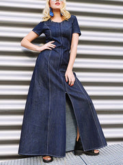 Pockets Split-front Split-Joint Zipper A-line Loose Round-neck Maxi Dresses